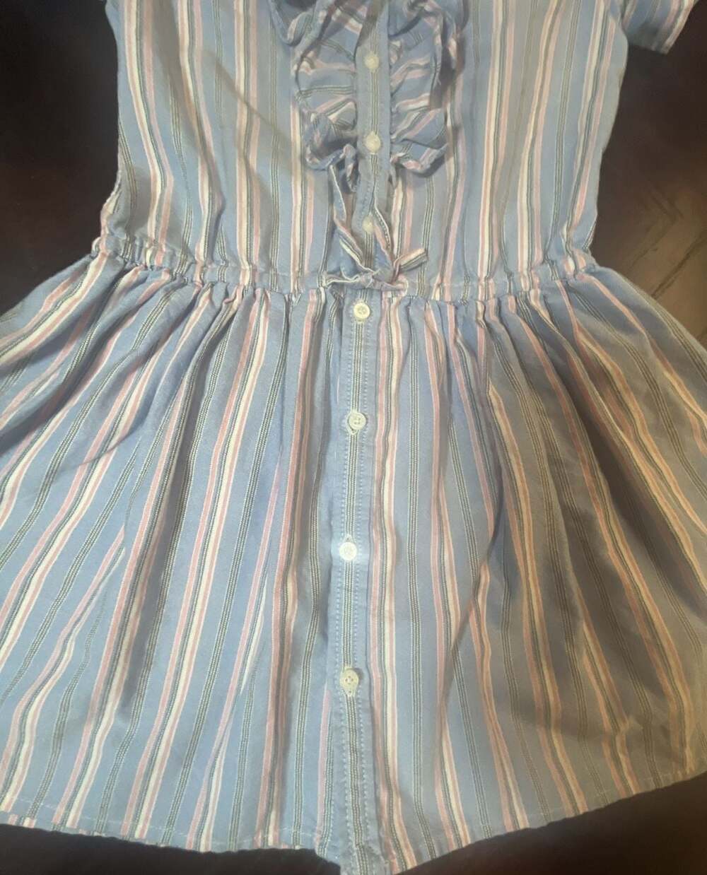Ralph Lauren Girls Blue and Pink Striped Ruffled Cotton Shirtdress, Size 6 - Picture 7 of 11